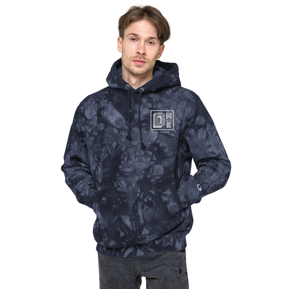 White DMN logo Champion tie-dye hoodie